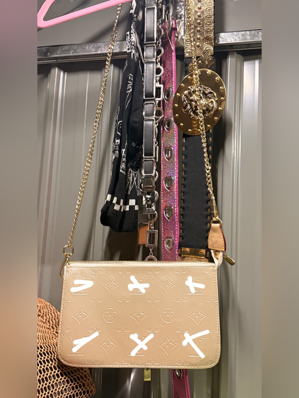 Beige Monogram Crossbody Bag with Gold Chain Strap